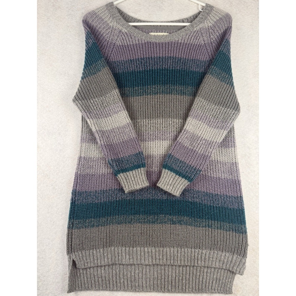 Sonoma Life + Style Women's Striped Knit Sweater Medium Gray Purple Teal